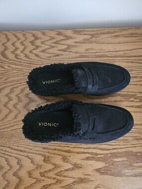 Vionic Black Faux-Shearling Slip-On Loafers